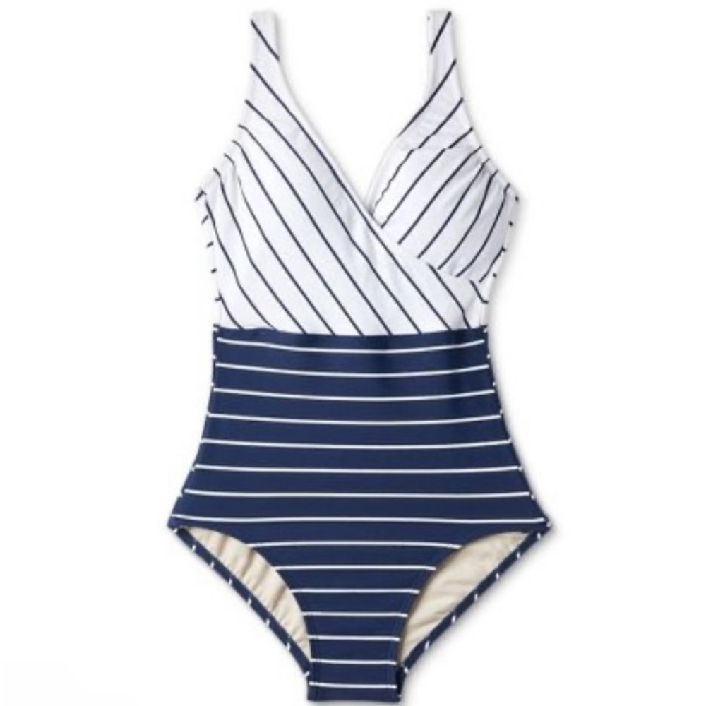 Women's Striped V-Neck Full Coverage One Piece Swimsuit Color Navy Blue, Size M